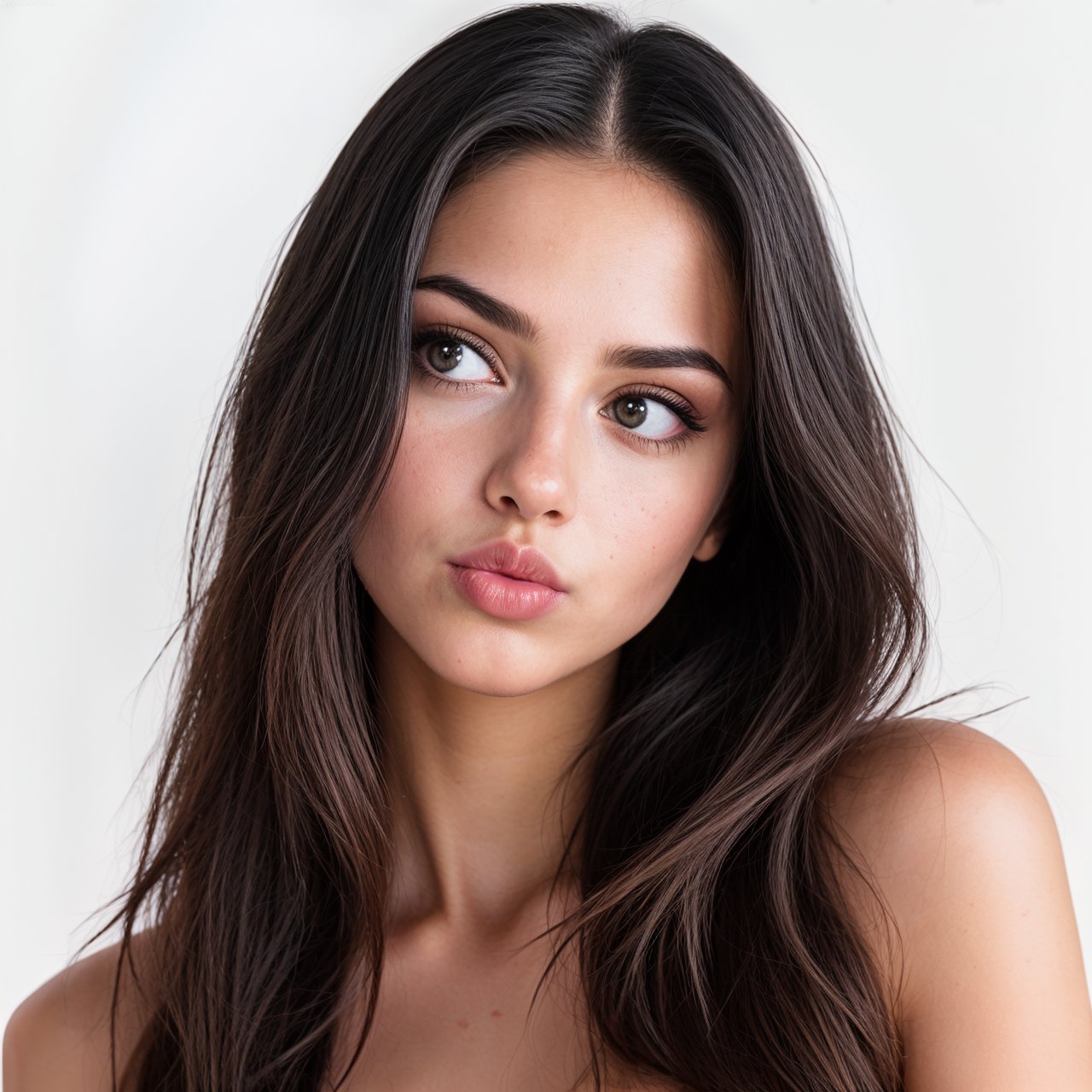 Realistic photo of a beautiful girl,  looking slightly to the left,  her lips are pursed together in a kissing or duck fac...