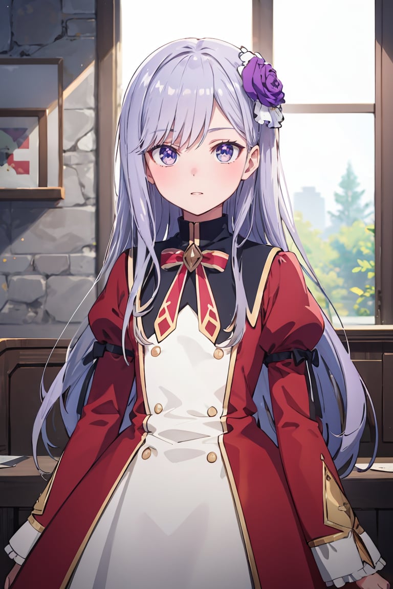 masterpiece, best quality, ultra-detailed, glistening shiny, glowing light, ray tracing, HDR, deph of field, (perfect face, detailed face), <lora:ChristinaBeltrum:0.7>, christinabeltrum, long hair, flower hair ornament, red dress, black collar, puffy sleeves, long sleeves, red bowtie, standing