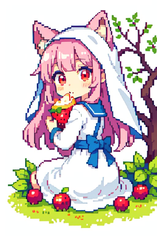 pixel art,((foreground with branches of bushes)),a lovely cat ear girl wearing white dress and veil,pink hairs,red eyes,hiding behind bushes with berries,eating berries,looking back to viewers in shock,chibi,adorable kawaii,anime,cartoonish,anime big eyes,illustration,watercolor,simple drawing,very aesthetic,soft color,soft light,vibrant colors,intricate,elegant,highly detailed,exquisite visual effect,dreamy,berry juice on face,sketch lines,fuzzylines,<lora:像素融合6:1>,