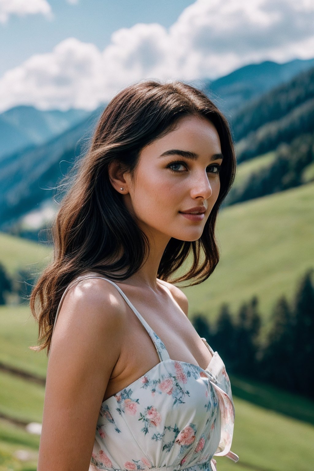 MonicaB_SoloTI_v1,  (In a charming dress of pastel blue and white,  adorned with simple floral patterns and a crisp apron...