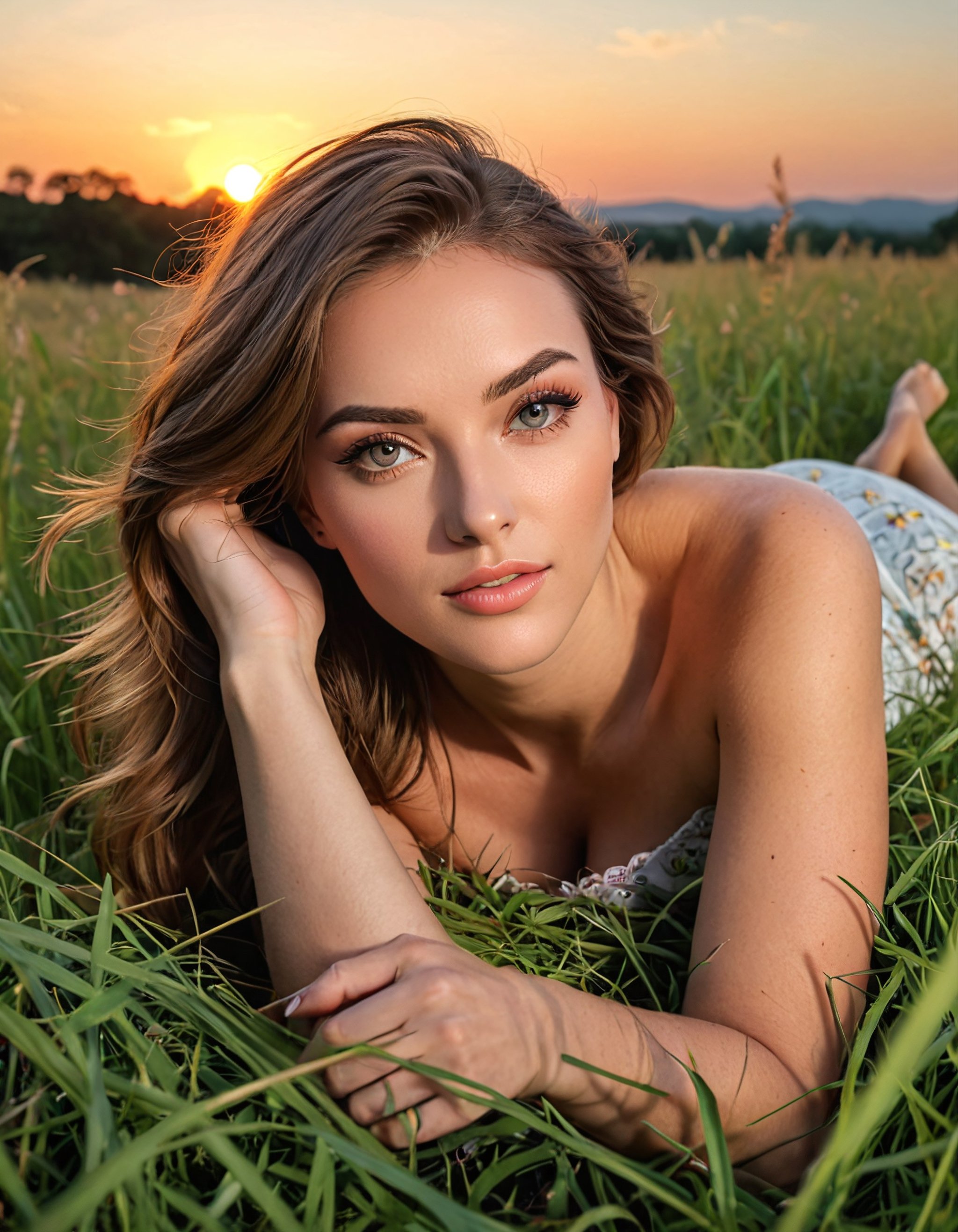 beauty, lying in long grass, sunset