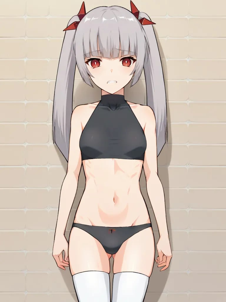 <lora:miamgbpony:1>,score_9, score_8_up, score_7_up, 1girl, solo, miamgb, grey hair, twintails, hair ornament, red eyes, underwear only, small breasts, white thigh boots, standing, looking at viewer, wall, cowboy shot, sad, clenching teeth, 