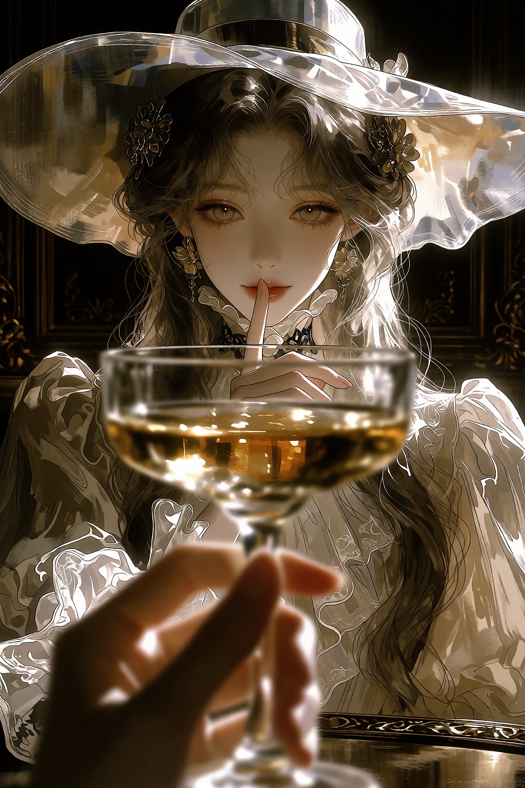 foreground framing through one raised champagne glass,  medium shot,  a young woman with very long hair by Feelings_into_w...