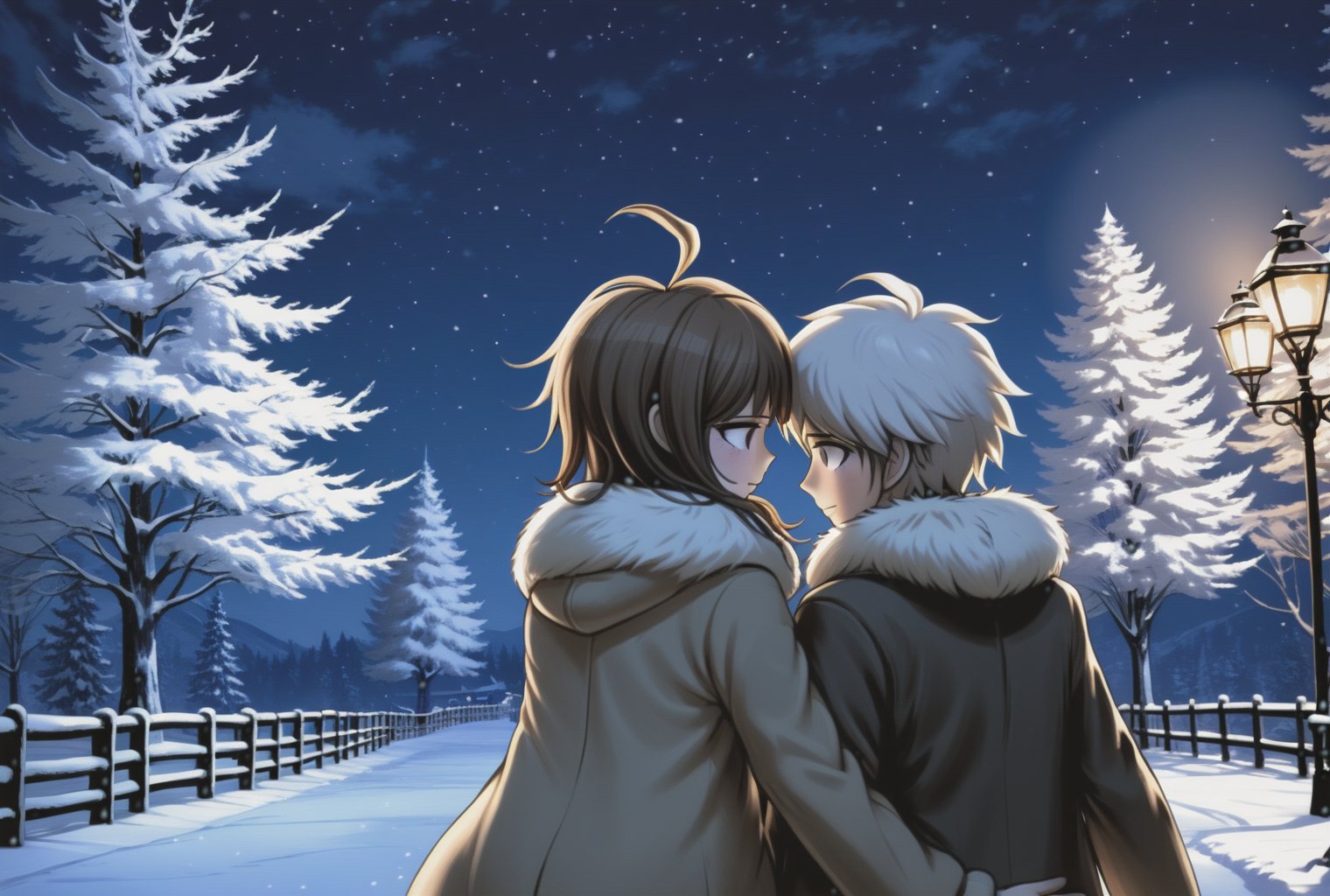 a couple looking at each other, tender embrace, romantic scenery, moonlit night, silhouette figures, soft illumination, close connection, loving gestures, dreamlike ambiance, cozy atmosphere, warm clothing, winter wonderland, snowy background, handholding, fur coat, cuddle position, content expressions, danganronpa style, thick lines, full-body portrait, detailed eyes, close-up, <lora:danganronpa_style:0.8>