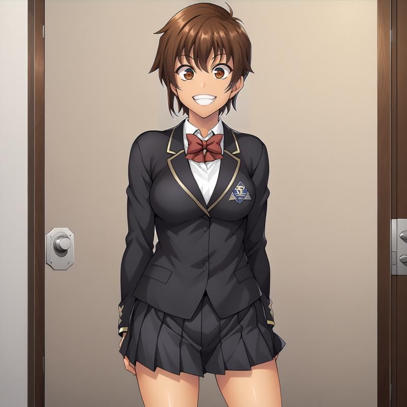 <lora:NagisaFujimaXLpony001>,grin,solo,NagisaFujima,1girl,brown hair,short hair,brown eyes,tan,school_uniform,black blazer,red bowtie,pleated_skirt,black skirt,black socks,