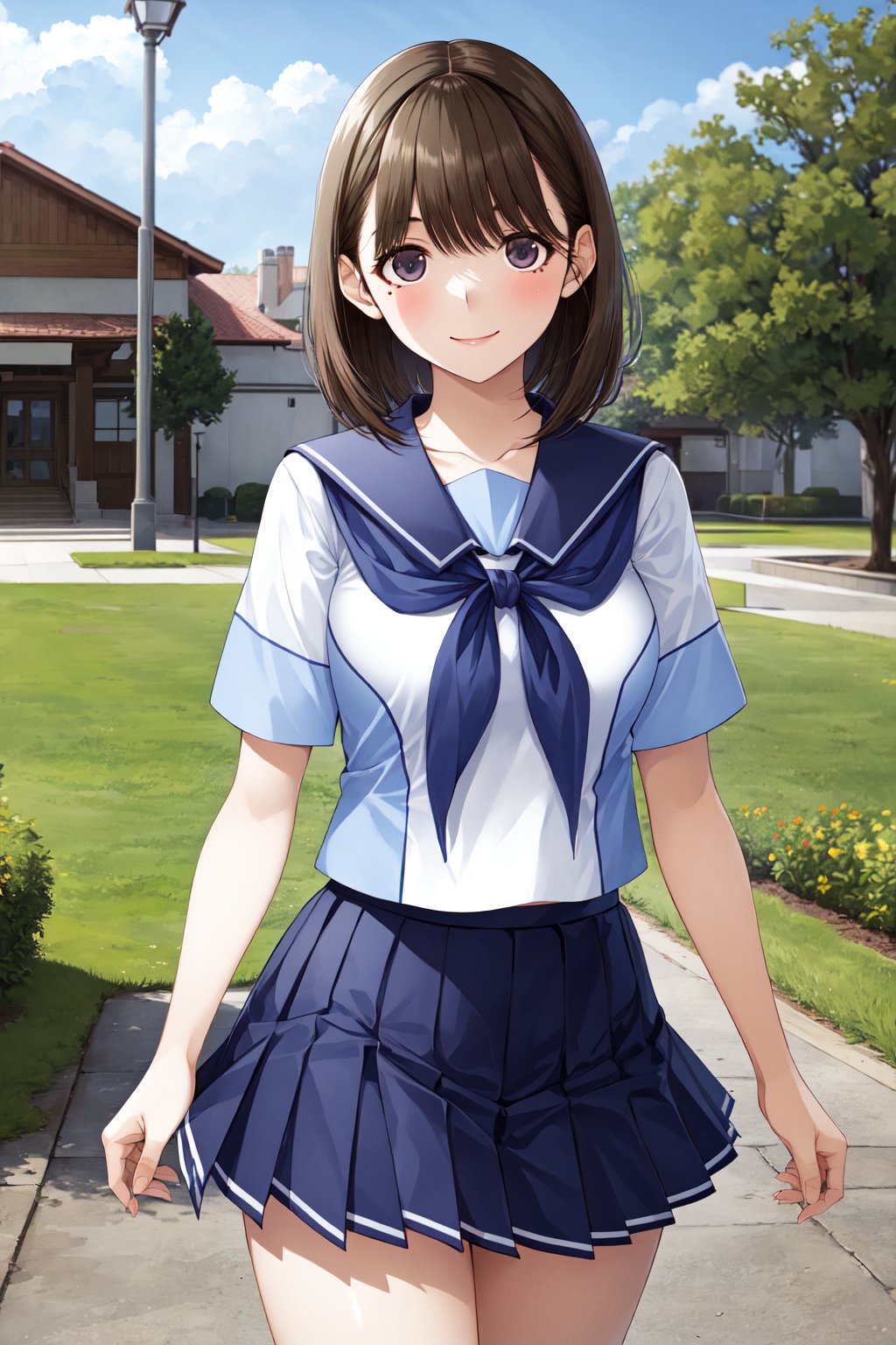 masterpiece, best quality, highres, aanene, short hair, serafuku, white shirt, short sleeves, sailor collar, blue neckerchief, pleated skirt, blue skirt, <lora:anegasaki_nene_v1:0.7>, standing, cowboy shot, outdoors, smile