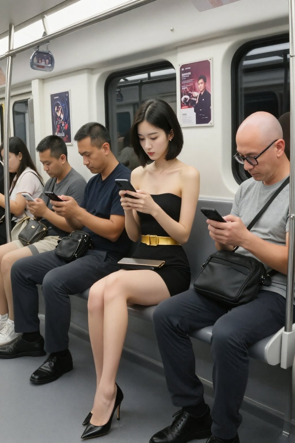 这是一张在现代地铁车厢内拍摄的高分辨率照片。照片捕捉到车厢内一群形形色色的乘客,  他们都低头看着自己的智能手机。照片中央是一位年轻的亚裔女性,  肤色白皙 by 天TIN on Tensor.Art
