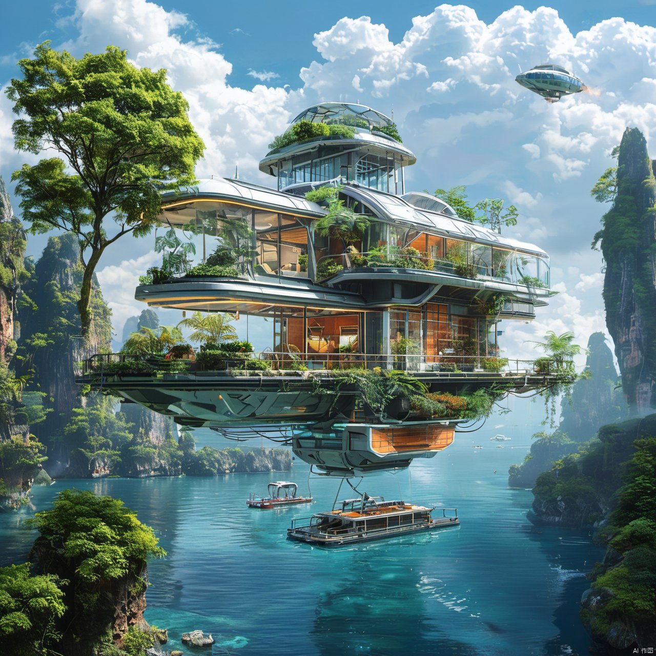 The image showcases a futuristic architectural design, where a multi-tiered building is suspended in mid-air, surrounded by lush greenery. The building appears to be made of glass and metal, with various sections and balconies. The structure is adorned with plants, trees, and other greenery, giving it a serene and natural ambiance. There are also small floating vehicles or boats near the base of the building, suggesting a mode of transportation or leisure activity. The overall design exudes a sense of harmony between nature and modern architecture.<lora:EMS-342266-EMS:1.000000>