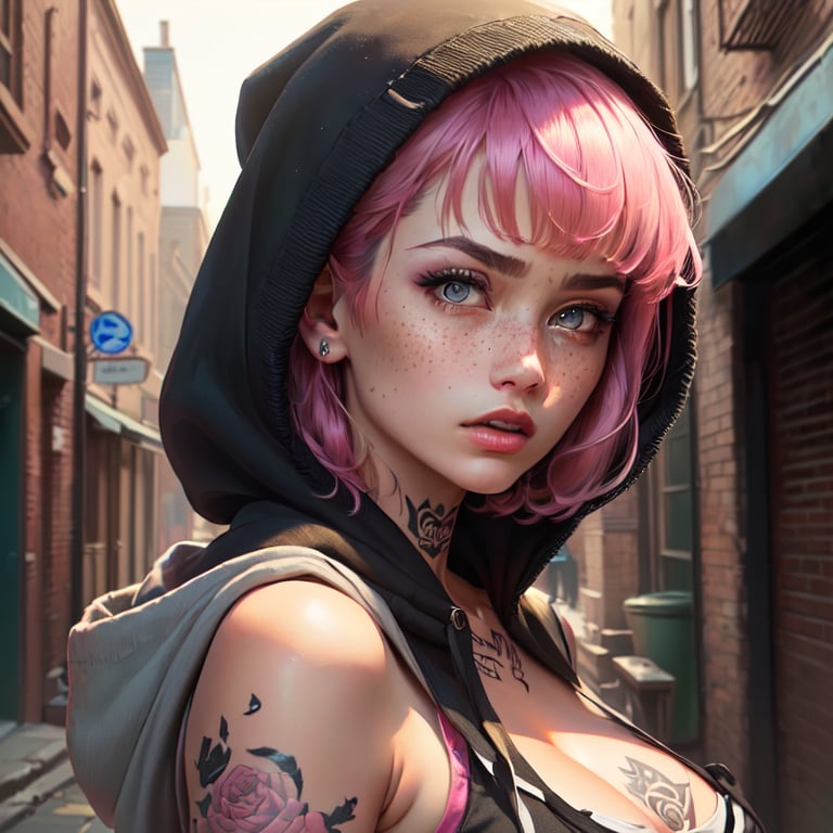 ((best quality)), ((masterpiece)), ((realistic)), (detailed), (1 girl) women, hoodie, arm tattoo, portrait, asymmetrical bangs, bandaid, short hair, bangs, breasts, freckles, grey eyes, large breasts, looking at viewer, neck tattoo, nose piercing, pink hair, solo, tattoo on face, upper body, detailed background, town, alley, dark alley, portrait, hood on head, night, angry, close up, closed mouth, , ((masterpiece)), absurdres