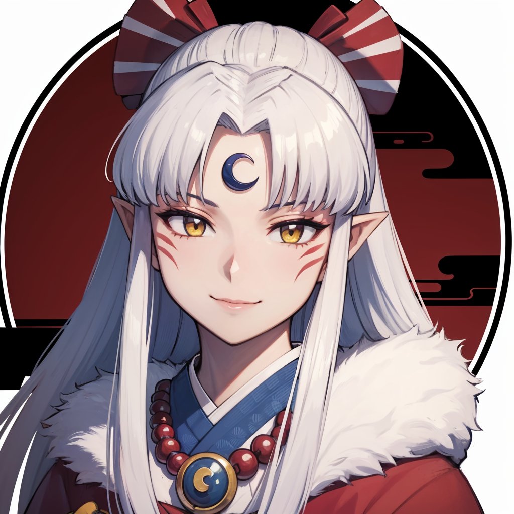 (masterpiece, best quality),ray tracing,absurdres, HDR,Sesshomaru imoto, pointy ears, solo, yellow eyes, long hair, japanese clothes, facial mark, jewelry, 1girl, white hair, white background, forehead mark, kimono, necklace, simple background, looking at viewer, upper body, magatama, smile, closed mouth, sidelocks, fur trim, crescent, bangs, fur, moon on the forehead<lora:Sesshomaru imoto:0.7>