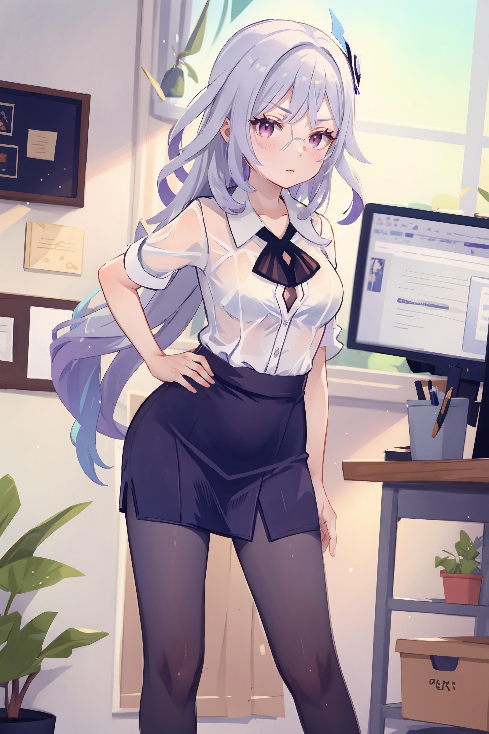 1girl, skirk \(genshin impact\), solo, office lady, white collared shirt, pencil skirt, pantyhose, glasses, glaring, looking at viewer, hand on hip, office, indoors, depth of field, masterpiece