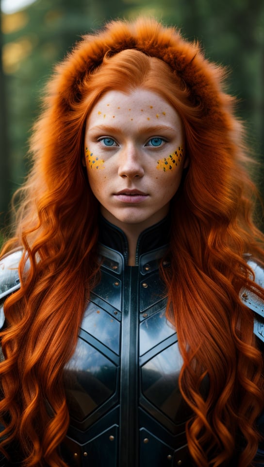 a native american (redhead:1.3) young woman wearing a dark yellow leather armor, curly hair, black combat face paint, (translucent fur cover her head:1.2), highres, ultra detailed eye iris, detailed facial features, high detail, aesthetic, extremely detailed, post-processing, max detail, ultra realistic, 8k uhd