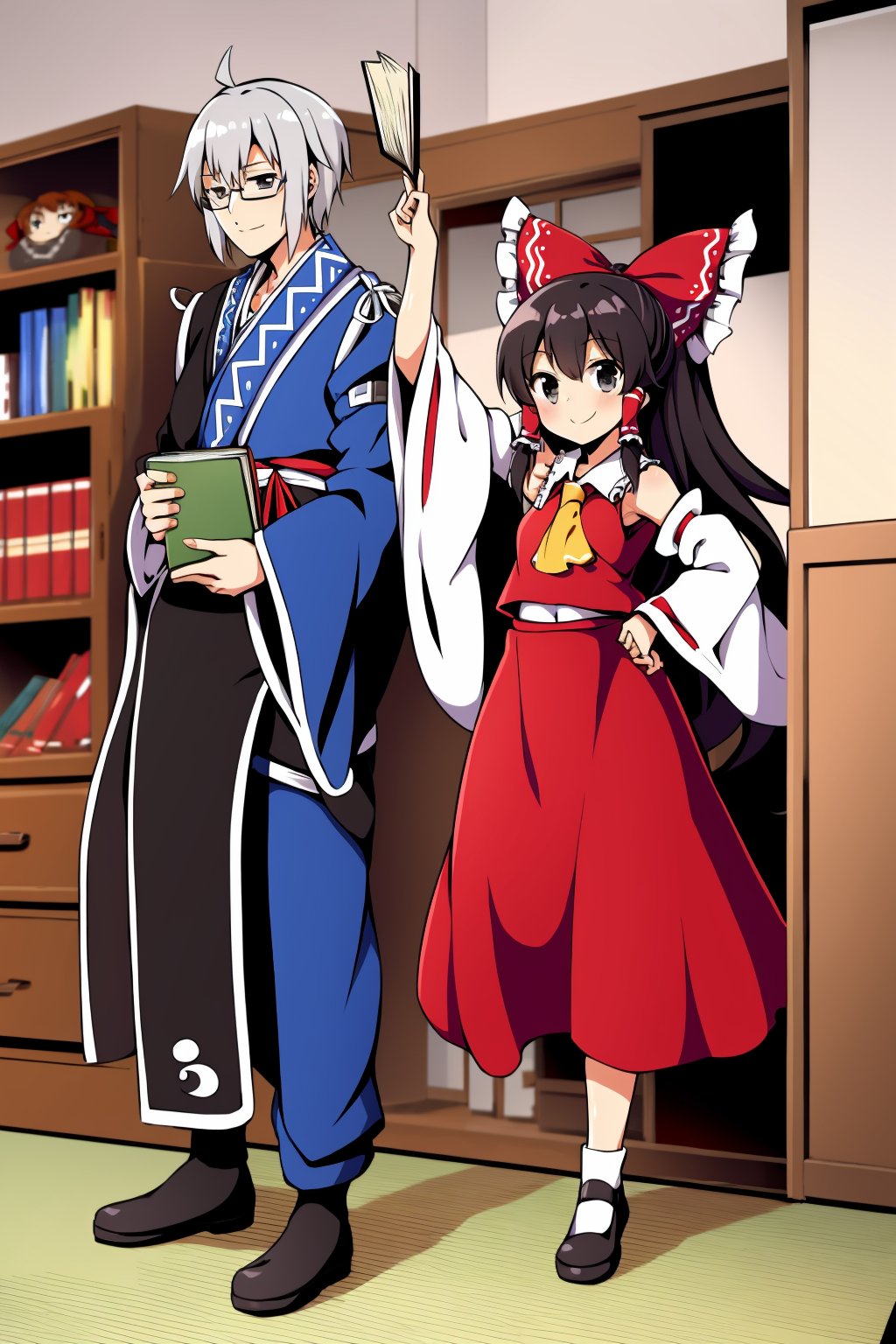 masterpiece, best quality,<lora:MorichikaRinnosuke:1>,1girl, morichika rinnosuke, 1boy, hakurei reimu, long hair, black hair, book, glasses, box, detached sleeves, bookshelf, very long hair, hair bow, bow, white hair, red skirt, shelf, ascot, hair tubes, ahoge, skirt, black eyes, red bow, japanese clothes, hand on hip, wide sleeves, arm up, short hair, holding, long sleeves, standing, carrying, book stack, yellow ascot, indoors, armpits, shoes, nontraditional miko, pants, ponytail, ribbon-trimmed sleeves, grey hair, smile, holding book, ribbon trim, black footwear, ribbon, shirt