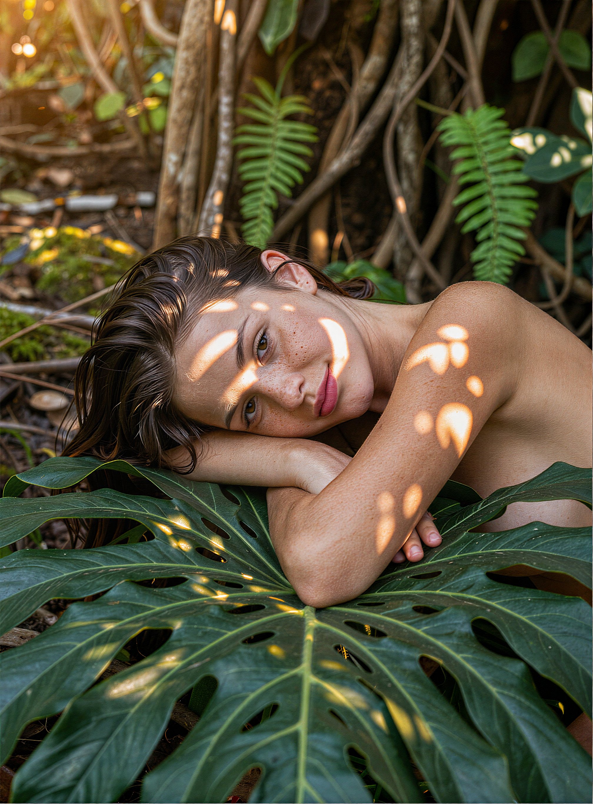An adult woman in her late 20s to early 30s,  with warm natural skin tones and a subtle scattering of freckles across her...
