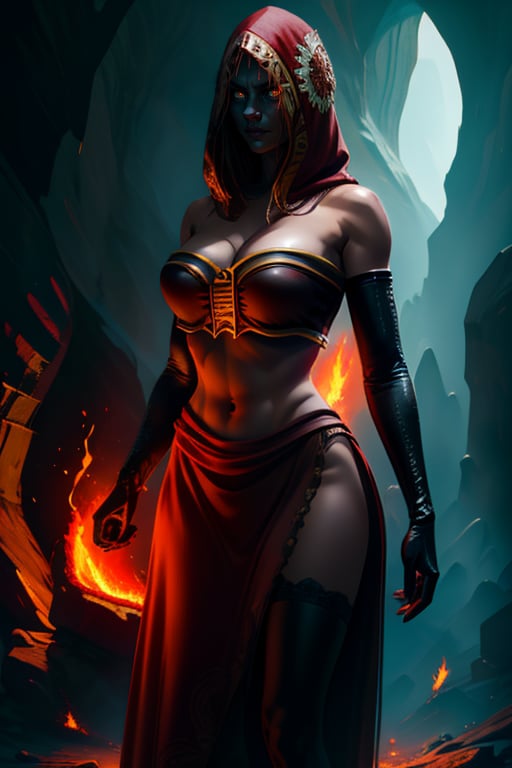 Dsorceress, solo, standing, shadowy face, dark cave, fire, (insanely detailed, beautiful detailed face, masterpiece, best quality) cinematic lighting,  <lora:Dsorceress-10v3:0.8>