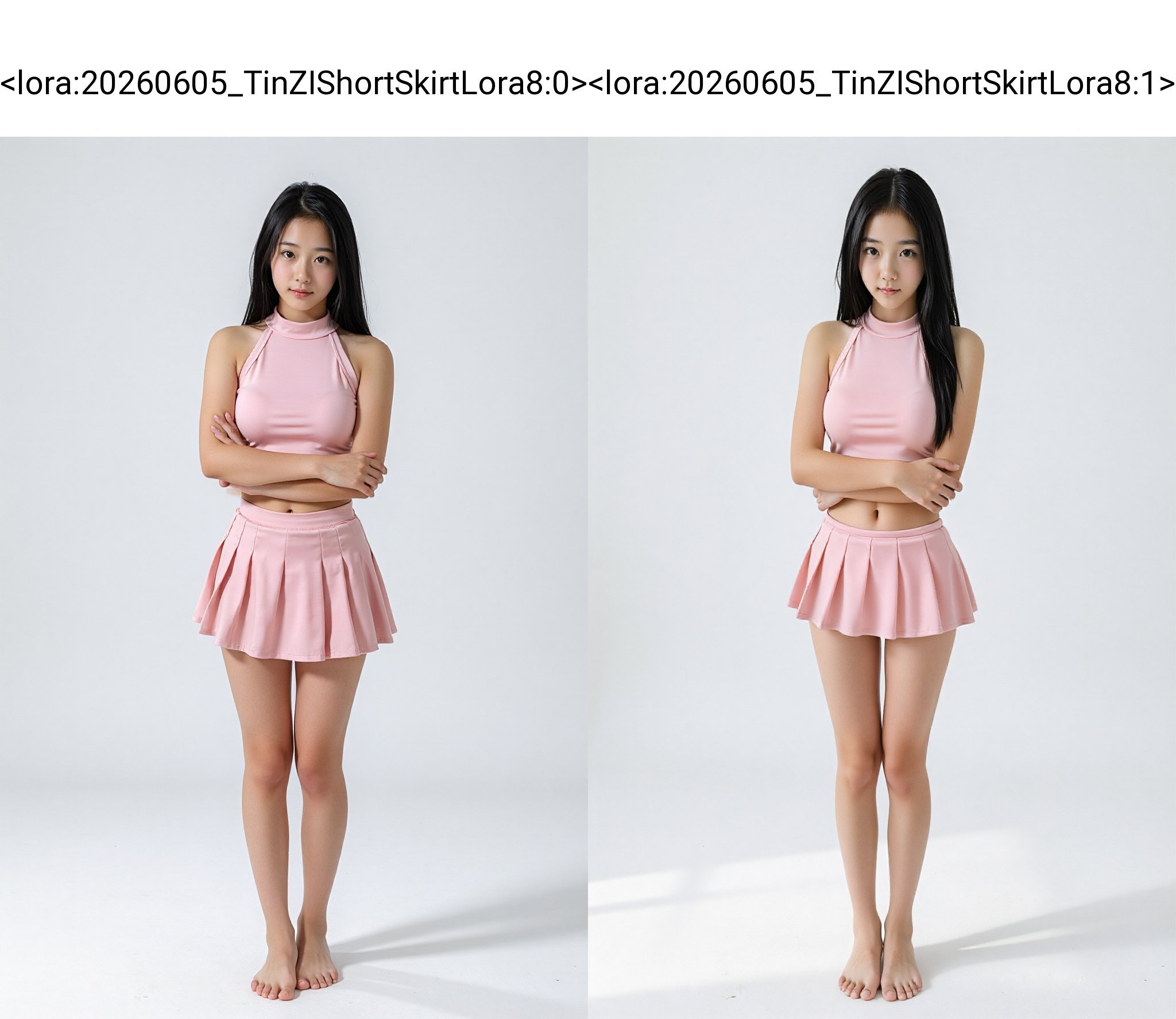 a young woman with long,  straight black hair stands in a full-body pose against a pure white background. She wears a ligh...