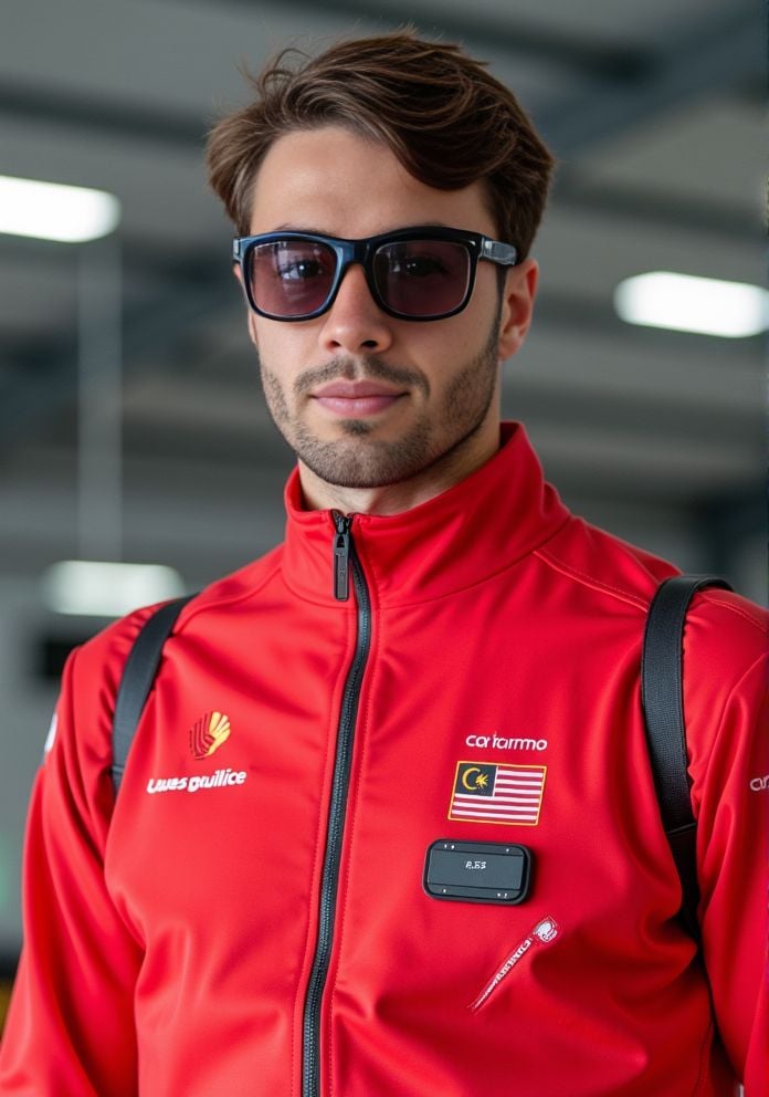 Jules Bouyer ,  Hi-res photo. He wears futuristic electronic glasses. He is wearing a light red,  close fitting flight sui...