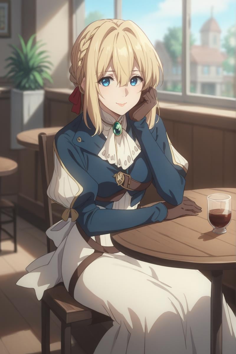 score_9, score_8_up, score_7_up, score_6_up, score_5_up, score_4_up, BREAK source_anime, 1girl, solo,<lora:VioletEvergardenXL-v1-07:0.6>, ChopioViolet, blonde hair, medium hair, hair ribbon, red ribbon, hair between eyes, blue eyes, looking at viewer,braid, mature female,outfit_1, blue jacket, cropped jacket, brooch, white ascot, white dress, chest strap, juliet sleeves, puffy shoulder long sleeves, brown gloves, ruffles,high heel boots, brown footwear,cafe, window, potted plant, table, head rest,sitting, smile,