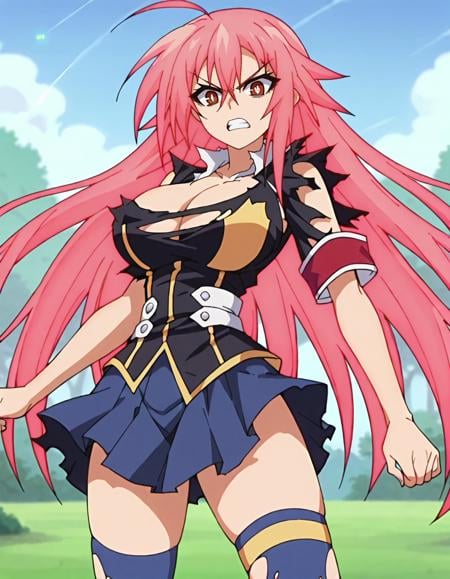 score_9,score_8_up,score_7_up,score_6_up,score_5_up,score_4_up,1girl, <lora:medaka_kurokami:0.65>  medaka_ranshin,very long hair,pink hair,large breasts,red eyes,bright pupils,looking at viewer,torn clothes,armband,blue skirt,blue thighhighs,black shirt,torn thighhighs,angry,upper body,anime screencap, teeth