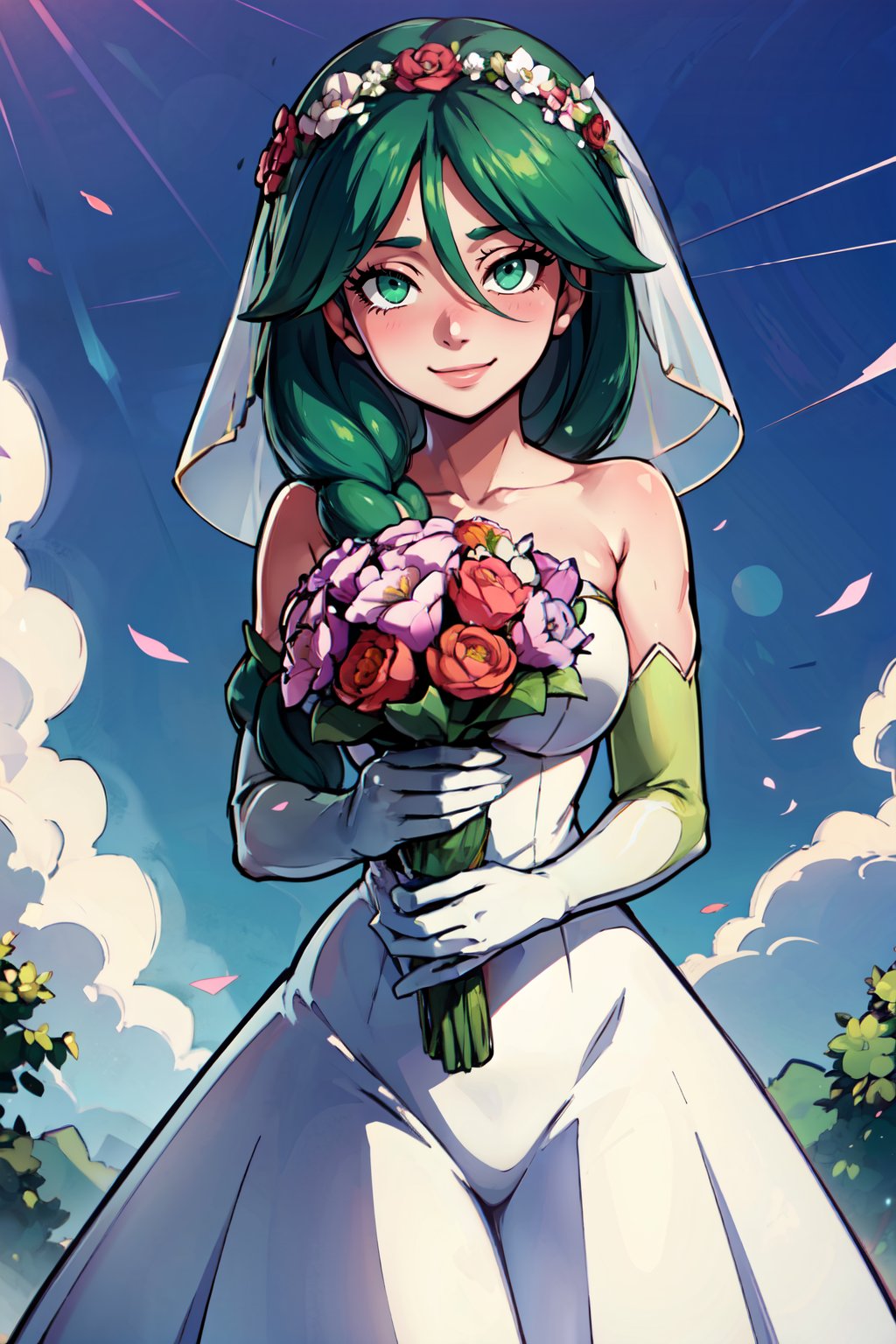 ((masterpiece,best quality)), absurdres,   <lora:Cheryl_Pokemon:0.8>,  cheryl (pokemon), green eyes, single braid, hair over shoulder,    bride, wedding dress, bridal veil, strapless dress, elbow gloves,  holding bouquet,   smile, looking at viewer, cowboy shot,