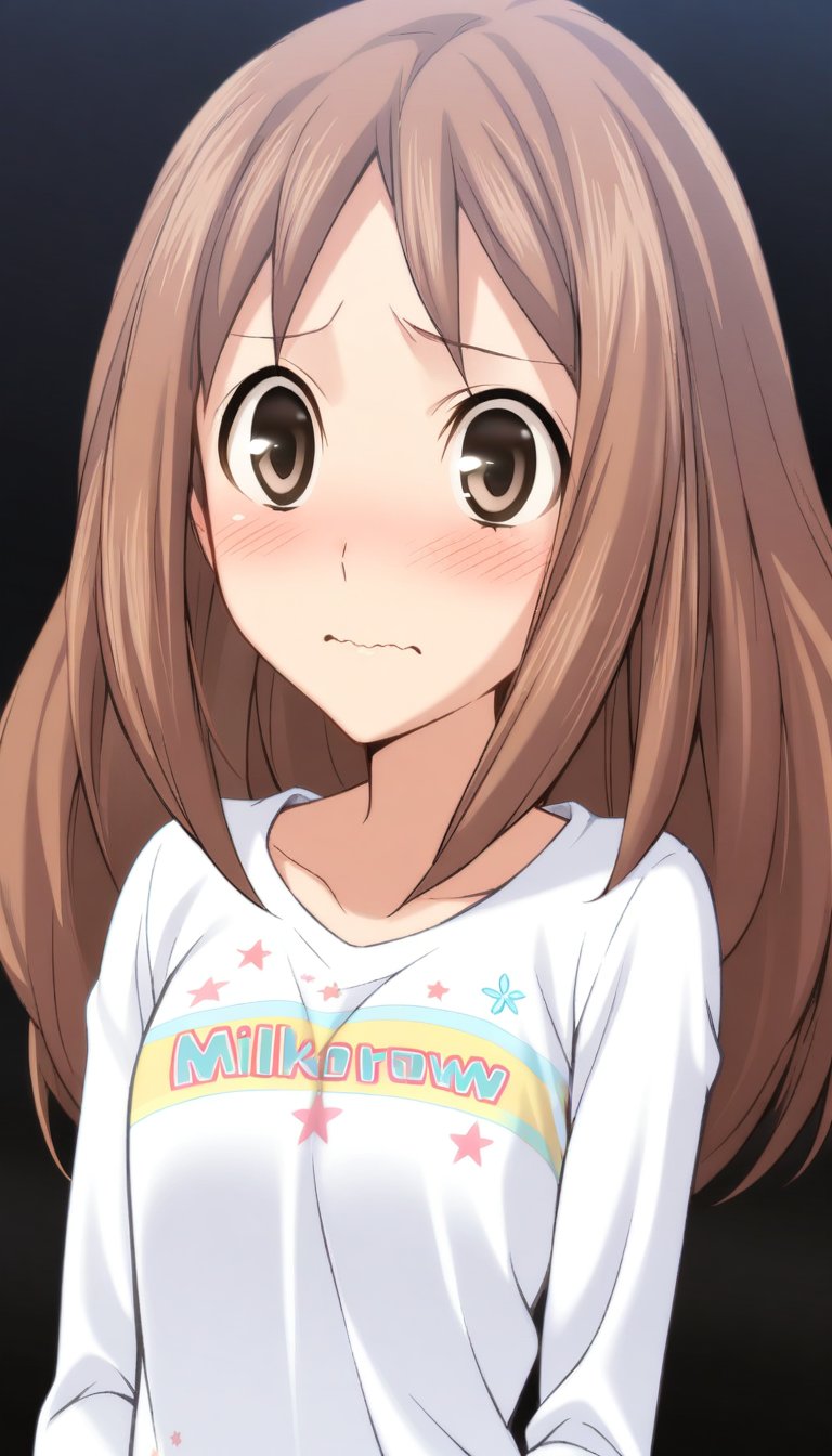 1girl,Hoshitsuki Orihime,dailyorihime,white t-shirt,pleated skirt,clothes writing,milkcrown,masterpiece,best quality,solo,very aesthetic,absurdres,game cg,(detailed beautiful eyes:1.2),(beautiful face:1.2),simple background,white background,<lora:HoshitsukiOrihimeXL:1>,wavy mouth,blush,