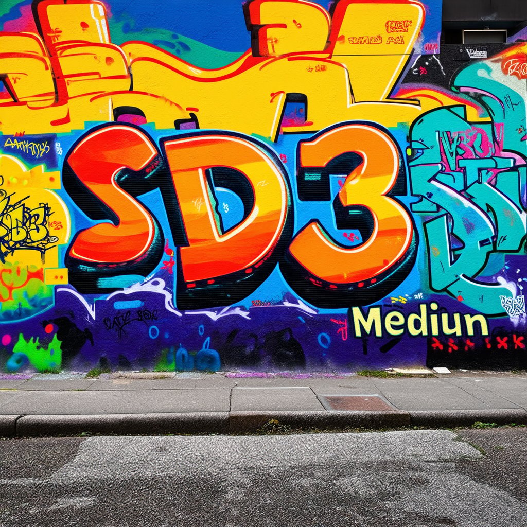 A vibrant street wall covered in colorful graffiti, the centerpiece spells "SD3 MEDIUM", in a storm of colors