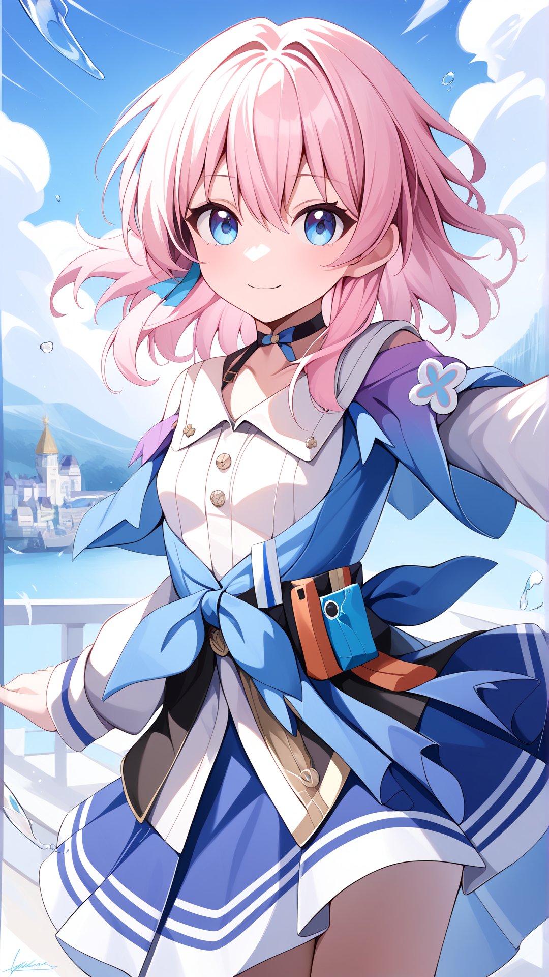 Score_9, best quality, White blouse, March7, blue skirt, Pink hair, Cute, Medium chest, masterpiece, Medium hair, <lora:march7:0.8>, Gradient eyes, Blue eyes