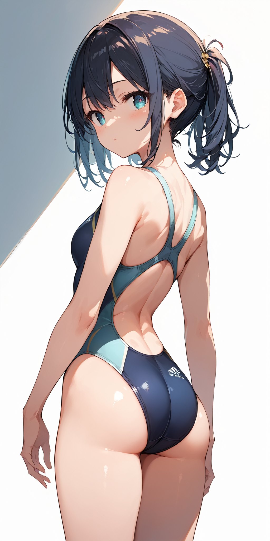 score_9, score_8_up, score_7_up,source_anime, high res image,masterpiece,best quality,girl,cute face,clear skin,shiny hair,ultra detailed eyes,simple background,   <lora:Competitive Swimsuit_pony_V1.0:1> competitive swimsuit,from behind