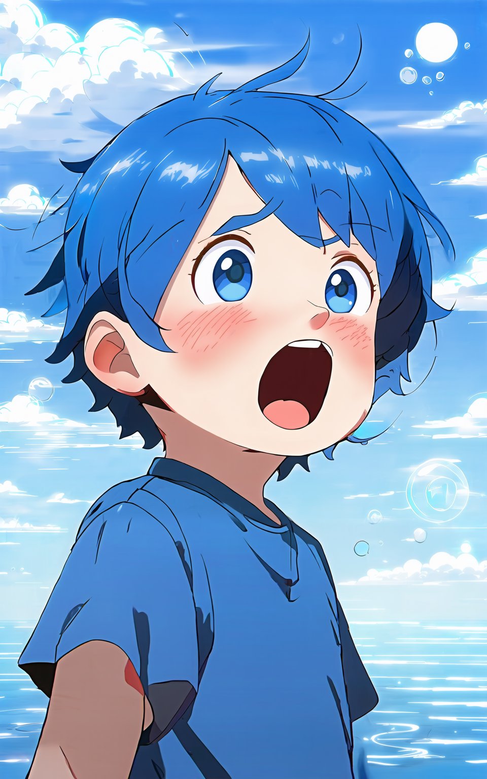 anime style, looking at viewer,blush,short hair,open mouth,blue eyes,shirt,1boy,blue hair,upper body,short sleeves,male focus,outdoors,sky,day,cloud,water,:o,blue sky,cloudy sky,blue shirt,child,bubble,male child