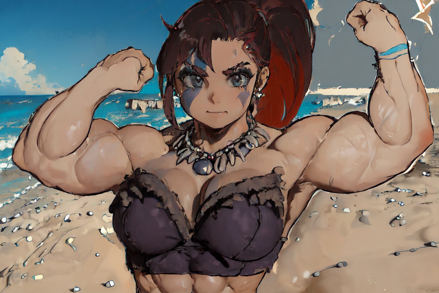 (((upper body, muscle posing, dynamic, on the beach, arms up pose:1.2)))<lora:D4FemBarbLoRA:1> fembarbarian, ponytail, tattoos, skirt, chains, top, shoes, beautiful eyes, beautiful girl, high detail skin, high detail eyes, high detail hair, highres, ultra detailed, sharpen picture, Highly detailed, masterpiece, best quality, photorealistic, smile  