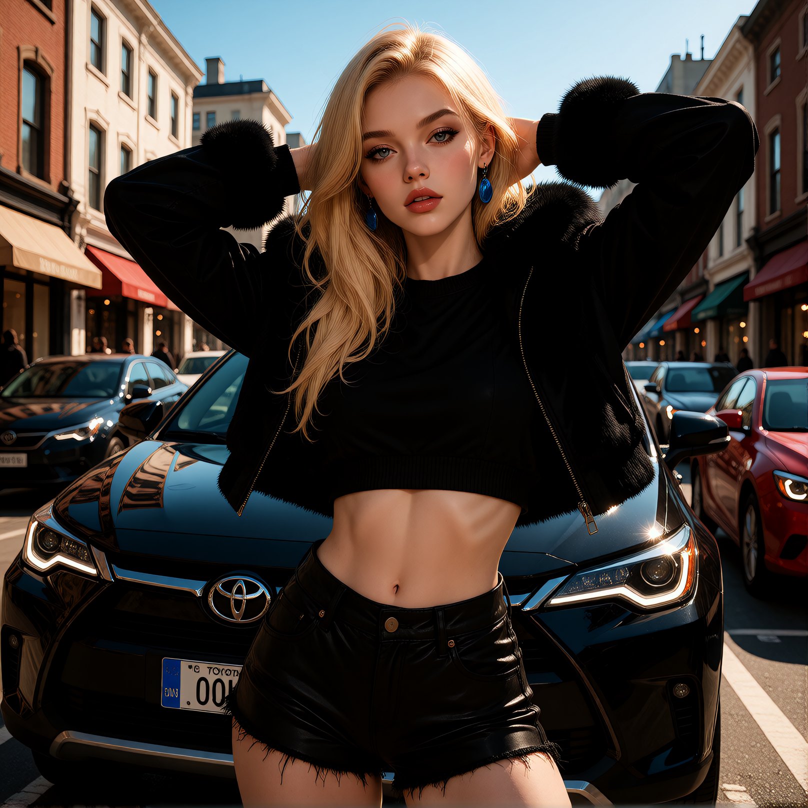 A photo-realistic shoot from a front angle about a adult woman posing in front of a luxury car in a city street. the image...