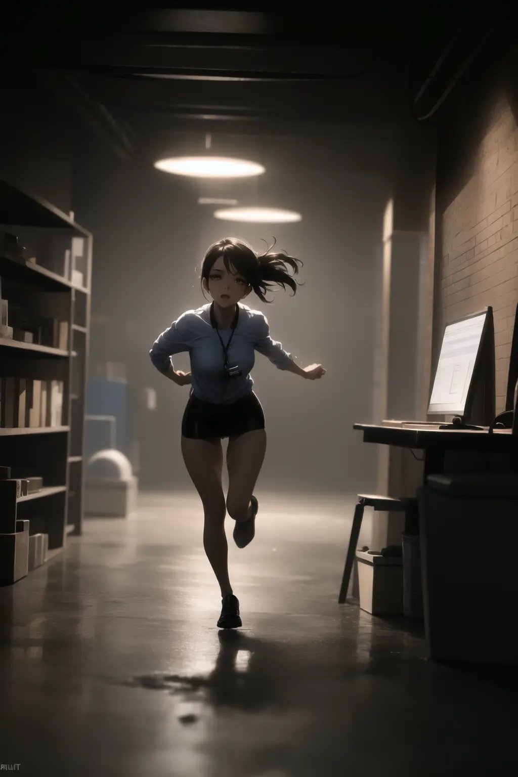 <lora:basement_v0.2:1> basement, 1girl, (dark:1.5), dimly lit, rimlight, running towards viewer, office lady,, masterpiece, best quality, highly detailed