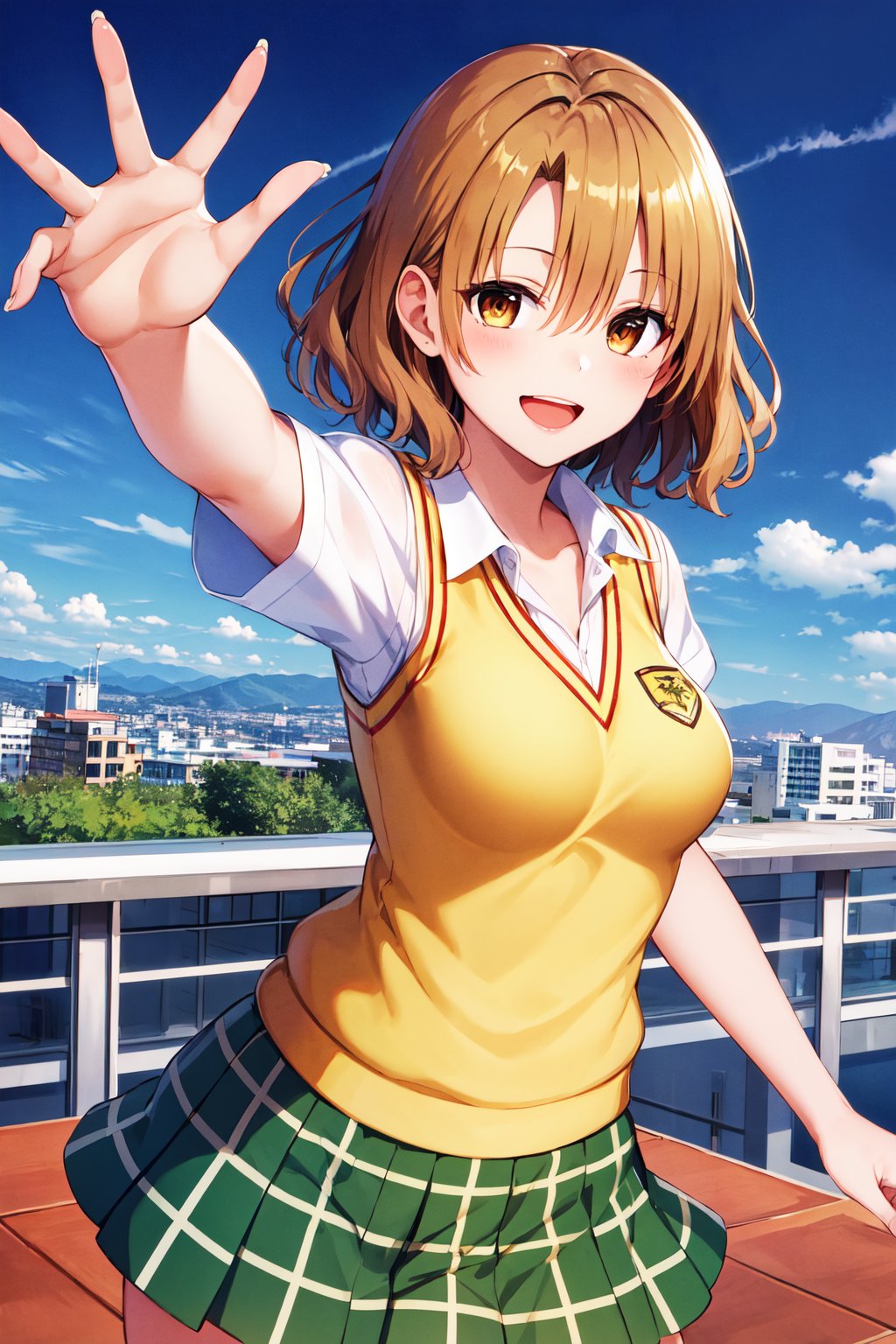 masterpiece, best quality, highres, 1girl, solo, short hair, brown hair, brown eyes, breasts, collarbone, school uniform, collared shirt, white shirt, sweater vest, (yellow vest:1.1), short sleeves, plaid skirt, green skirt, <lora:momioka_risa_v1:0.7>, standing, rooftop, outstretched arms, smile, open mouth, city, wind