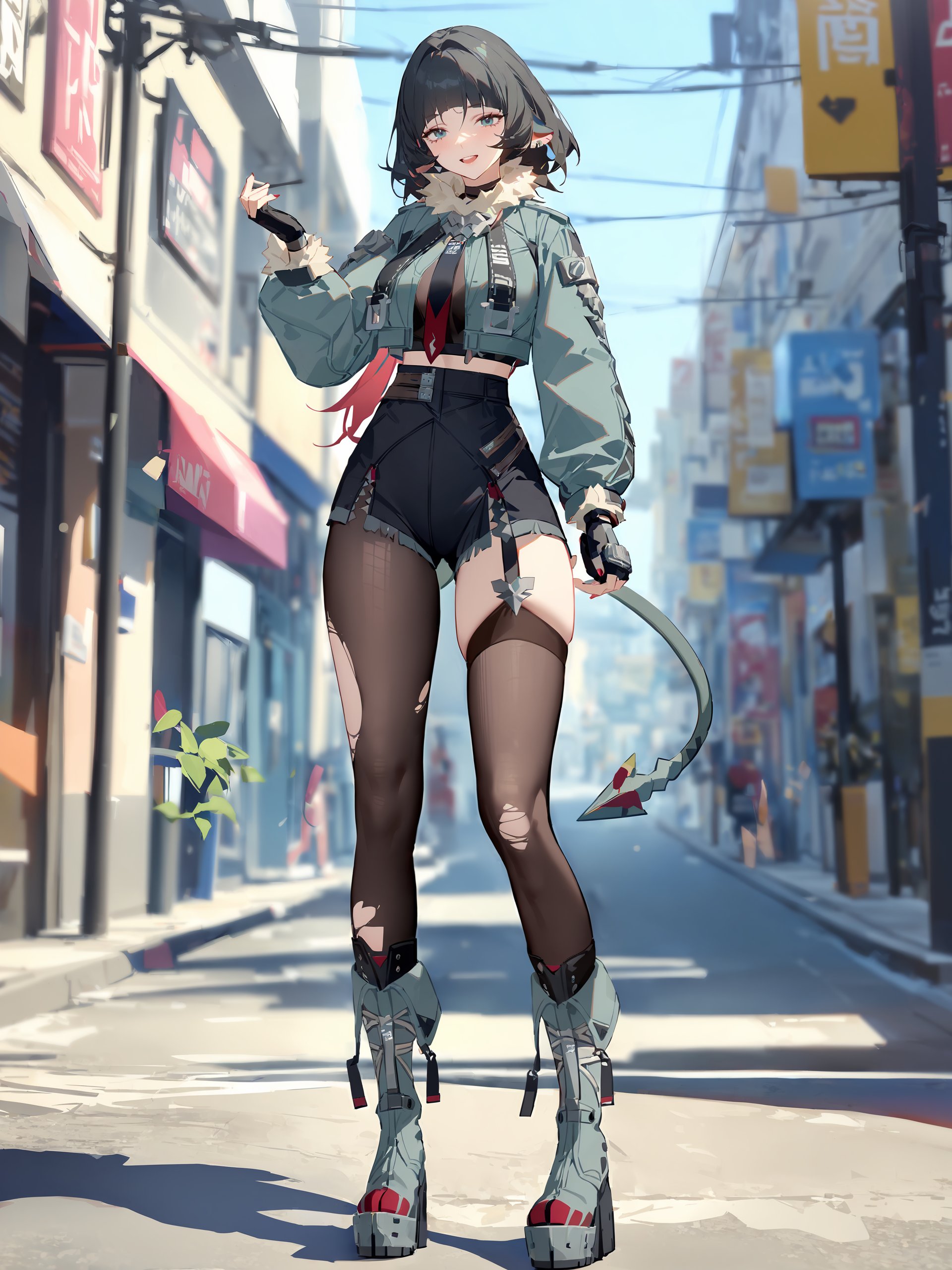 1girl, jane doe \(zenless zone zero\), fingerless gloves, black shorts, tail, cropped jacket, sports bra, single garter strap, single leg pantyhose, single thighhigh, necktie, long hair, looking at viewer, smiling, open mouth, street, outdoors, depth of field, standing, full body, platform boots <lora:Char-ZZZ-Jane_Doe-V2-XL:0.9>, masterpiece, best quality, very aesthetic, ray tracing, newest,(hitenkei, askzy:0.5),