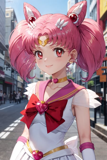 masterpiece, best quality,1girl, chibiusa, pink hair, twintails, cone hair bun, double bun,  red eyes, earrings, hair ornament, tiara,red bow, heart brooch, back bow, bow, brooch, choker, elbow gloves, heart choker, magical girl, multicolored clothes, multicolored pleated  skirt, pink sailor collar, sailor senshi uniform, yellow choker,outdoors, blue sky, smile,  upper body, solo, looking at viewer, buildings, tokyo street background   <lora:Chibiusa:1>