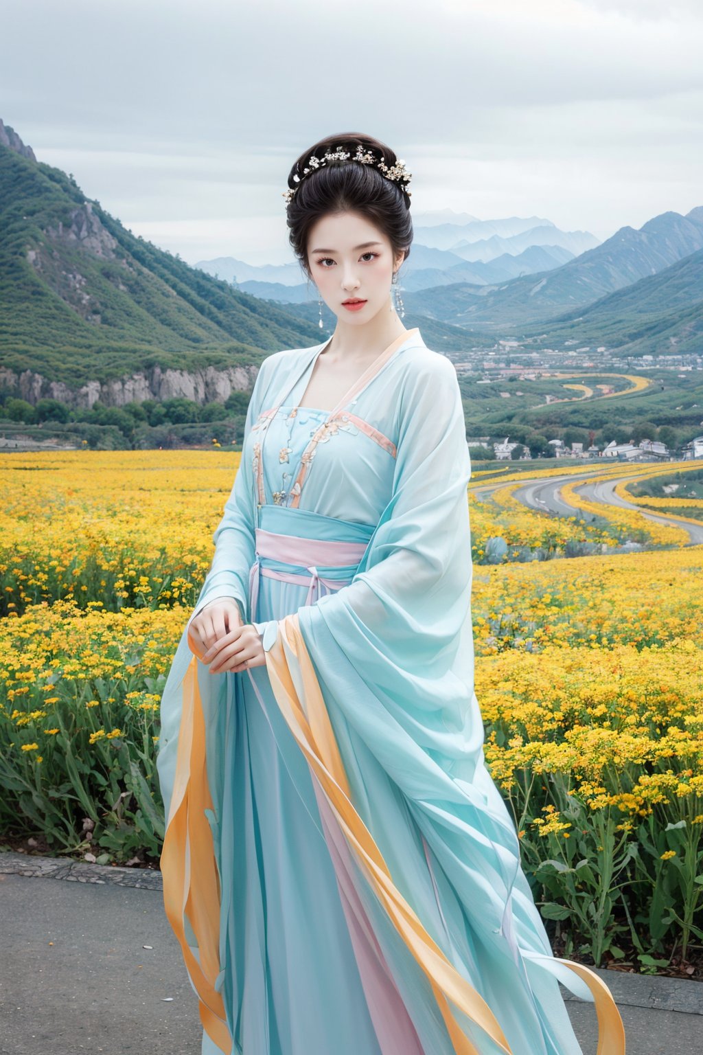 Realistic,masterpiece,best quality,8K,HDR,RAW,1girl,hanfu,((solo)),(Spring scenery, mountains in the distance, beautiful clouds, rape flower fields),(standing),large breasts,looking at viewer,<lora:add_detail:0.6>,<lora:GoodHands-beta2:1>,<lora:ENNE 氤氲国风_v4_08:1>,yinyunguofeng,