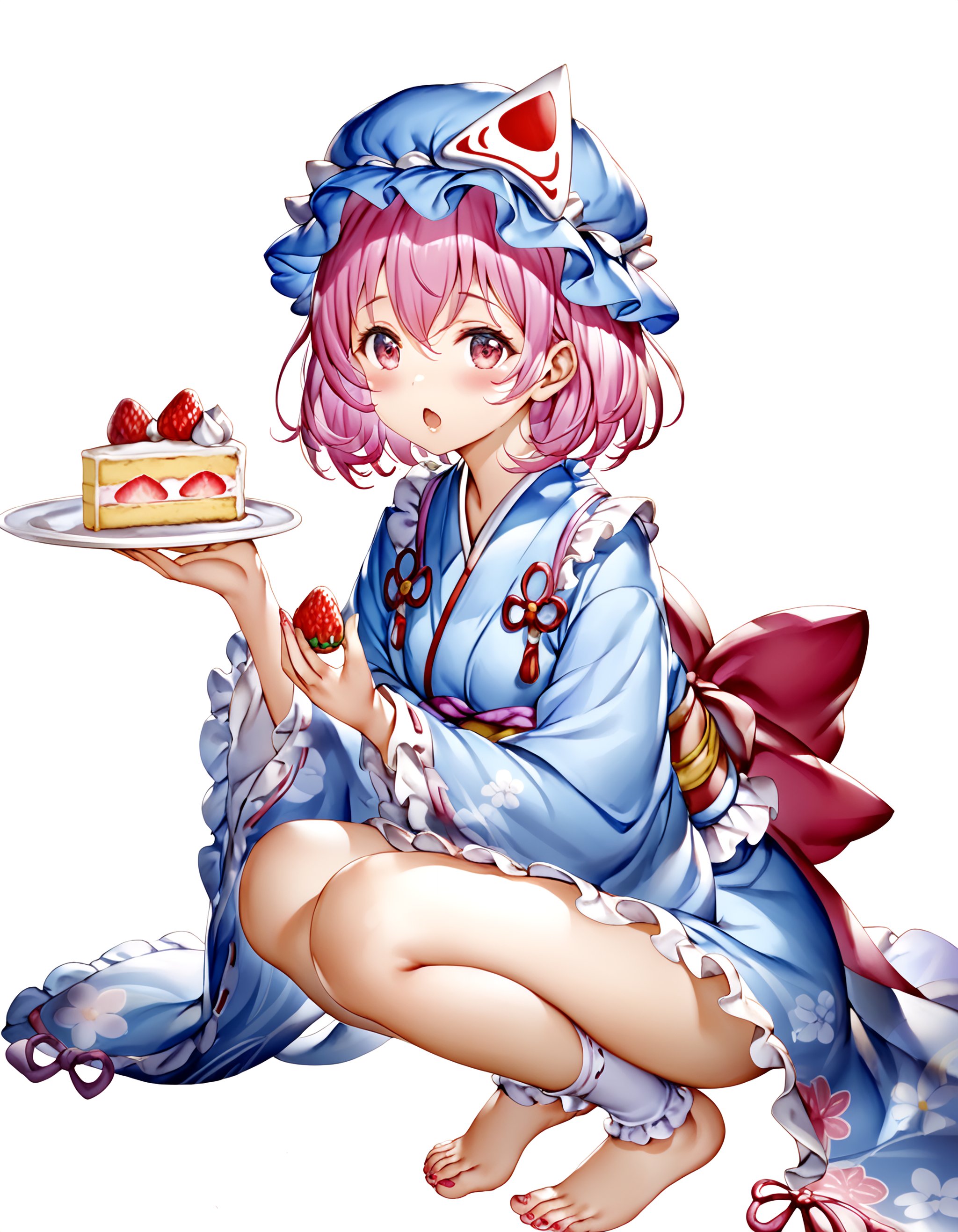 best quality, masterpiece, absurdres, barefoot, saigyouji yuyuko, 1girl, solo, looking at viewer, open mouth, short hair, squatting, long sleeves, white background, hat, holding, hair between eyes, full body, pink hair, frills, food, japanese clothes, toenail polish, pink eyes, wide sleeves, kimono, fruit, white socks, holding food, mob cap, frilled sleeves, blue headwear, plate, cake, blue footwear, strawberry, blue kimono, triangular headpiece, holding plate, holding fruit, frilled kimono, strawberry shortcake, sleeve garter, by 77gl