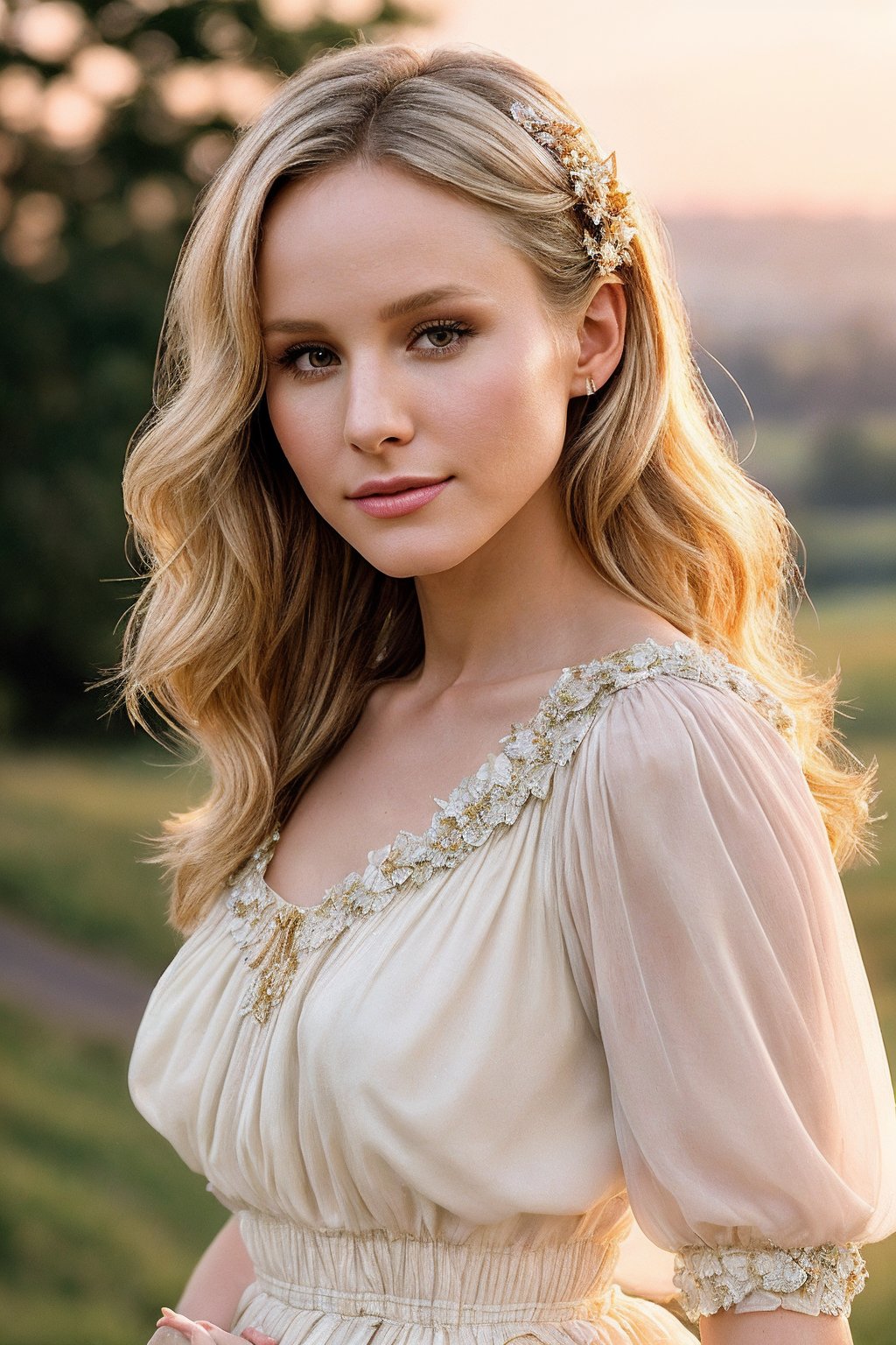 KristenB_SoloTI_v1,  (In a vintage-inspired outfit featuring a flowing,  floral tea dress with puffed sleeves by Solo on T...