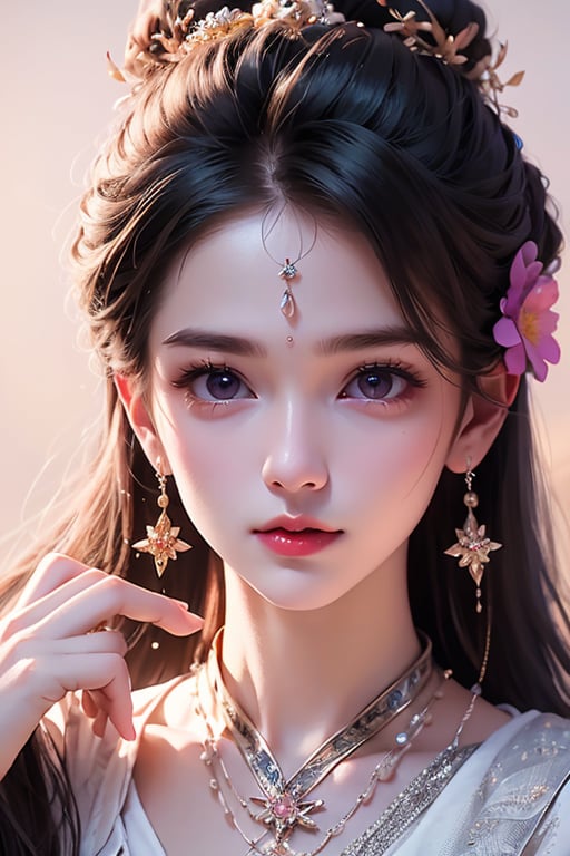 1girl, solo, jewelry, earrings, long hair, portrait, brown hair, hair ornament, looking at viewer, flower, purple eyes, realistic, lips, eyelashes, hand up, hair flower, flower earrings <lora:仙侠-000009:1>, ray tracing, (best quality), ((masterpiece)), (highres), original, extremely detailed 8K wallpaper, (an extremely delicate and beautiful), incredibly_absurdres, colorful, intricate detail, artbook, <lora:仙侠:0.8>