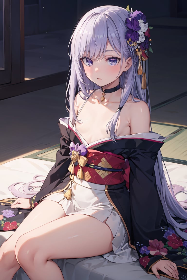 masterpiece, best quality, ultra-detailed, glistening shiny, glowing light, ray tracing, HDR, deph of field, (perfect face, detailed face), <lora:ChristinaBeltrum:0.8>, christinabeltrum, long hair, flower hair ornament, flat chest,  kimono, off shoulders, collarbone, bare legs