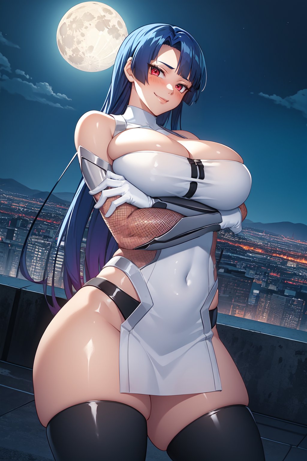 high quality, yatsu murasaki, 1girl, mature female, solo, cowboy shot, crossed arms, from below,looking at viewer, seductive smile, blush, smirk,red eyes, blue hair, long hair, bangs,bare shoulders, bare hips, elbow gloves, fishnets,  taimanin suit, thigh boots, cleavage, shiny, curvy, huge breasts, thighs,rooftop, night, moon, skyscraper background, neon lights, <lora:YatsuMurasaki:1>