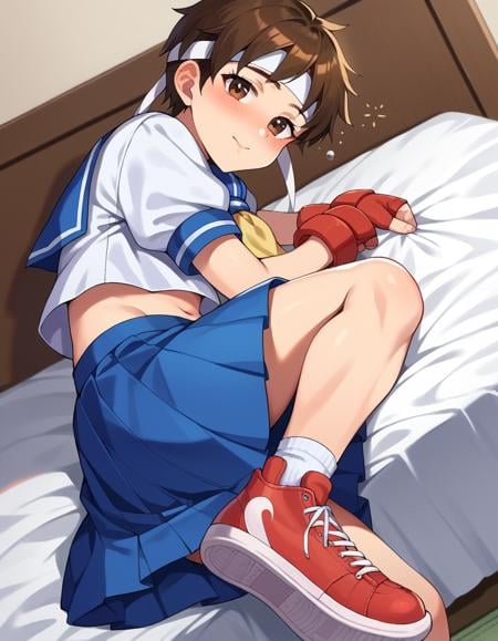 score_9, score_8_up, score_7_up, source_anime,sakurakasugano, <lora:sakura-kasugano-ponyxl-lora-nochekaiser:1>,sakura kasugano, brown eyes, brown hair, short hair, mature female,ankle socks, blue skirt, crop top, headband, midriff, miniskirt, navel, sailor collar, school uniform, shoes, short sleeves, skirt, sneakers, socks, stomach, shirt, white shirt, white headband, gloves, red gloves,indoors, bed, bed room, on side, blush, drunk,looking at viewer, dutch angle, cowboy shot,