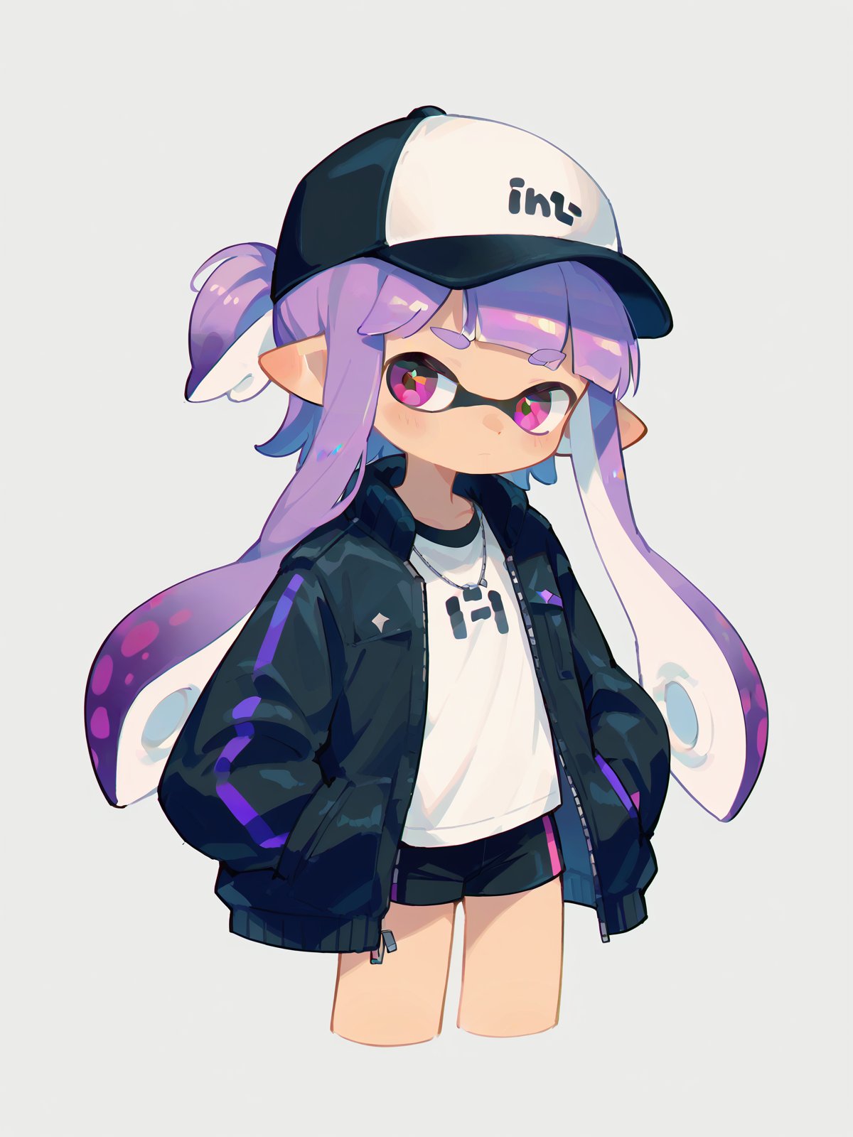 score_9, score_8_up, score_7_up, score_6_up, score_5_up, score_4_up, source_anime, rating_safe, embedding:zPDXL2, 1girl, solo, inkling, black jacket, cropped legs, black baseball cap, cowboy shot, looking at viewer, purple hair, 