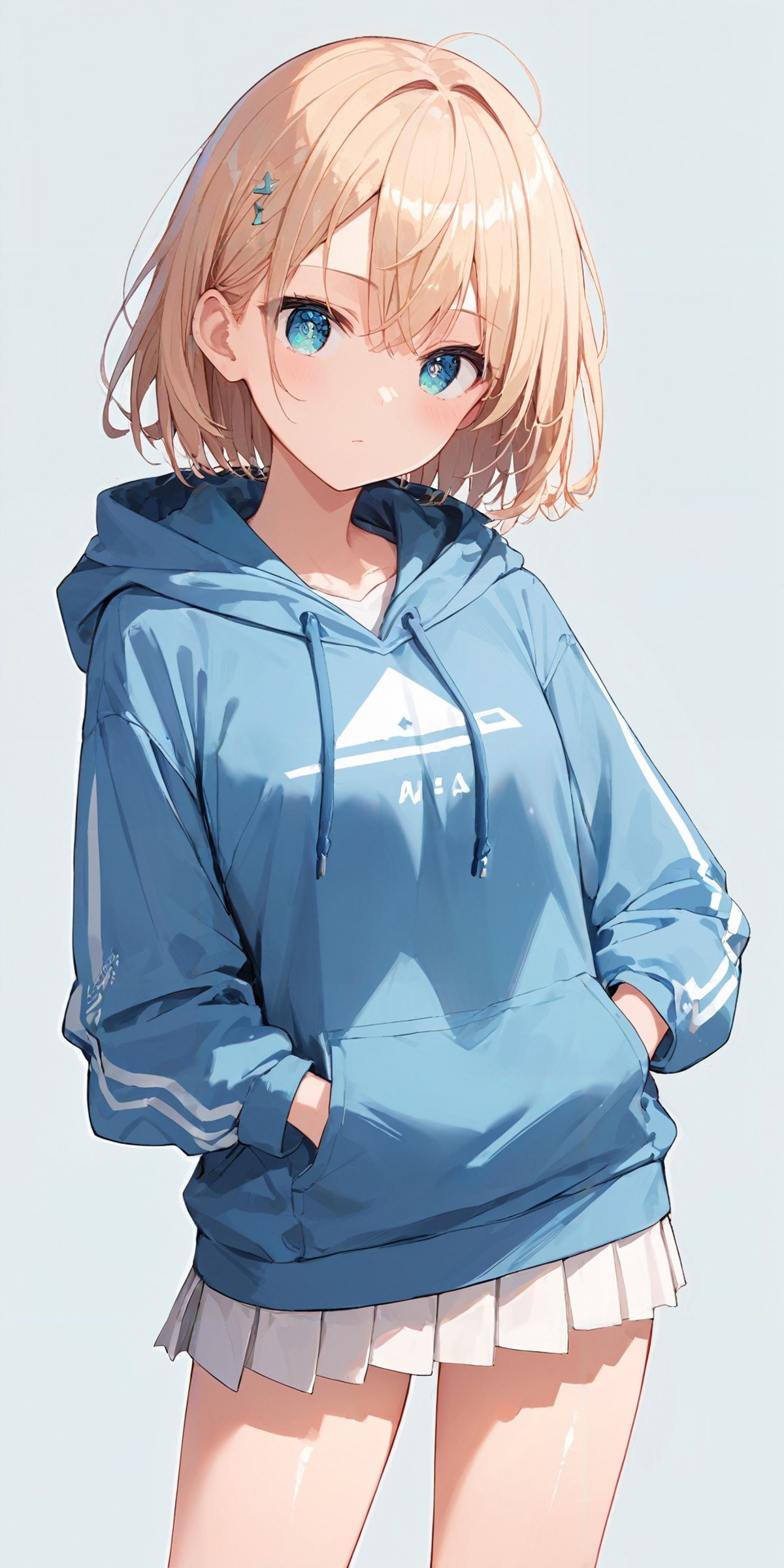 score_9, score_8_up, score_7_up,source_anime, high res image,masterpiece,best quality,girl,cute face,clear skin,shiny hair,ultra detailed eyes,simple background,<lora:hoodie_pony_V1.0:1>   jyojifuku,hoodie,skirt