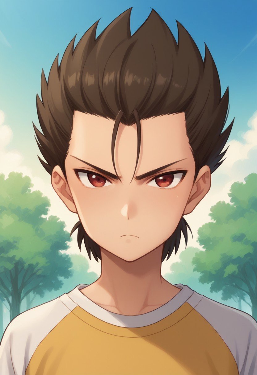 score_9, score_8_up, score_7_up, source_anime, highly detailed, kouta, 1boy, male focus, solo, red eyes, raglan sleeves, brown hair, upper body, looking at viewer, spiked hair,yellow shirt, white shirt, frown,outdoor, sky, trees,