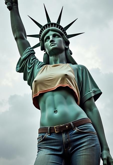 The Statue of Liberty wearing a tight shirt and jeans, large breasts with pokies, covered nipples with no bra.