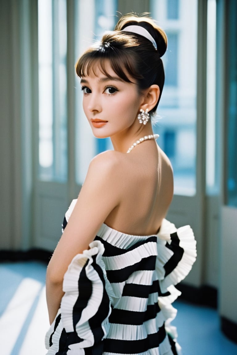 (masterpiece, best quality, hyper realistic, raw photo, ultra detailed, extremely detailed, intricately detailed), (photorealistic:1.4), (photography of Audrey Hepburn wearing a fashionable Striped off-the-shoulder ruffle hem dress,  designed by Hubert de Givenchy, ), (smile), fairy, pure, innocent, beauty, (slender), super model, adr, Breakfast at Tiffany's, Sabrina, (glide_fashion), depth of field, (full shot), film grain, zeiss lens, symmetrical, 8k resolution,octane render (OC渲染), extremely high-resolution details, fine texture, dynamic angle,fashion (时尚), fashion,<lora:Breakfast at Tiffany's XL:0.8>,