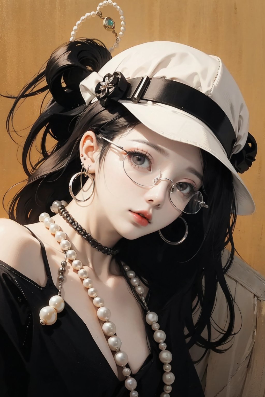 masterpiece,best quality,,1man,saibo,cyberpunk,hat,earrings,glasses,simple background,pearls and jewels,orange background,