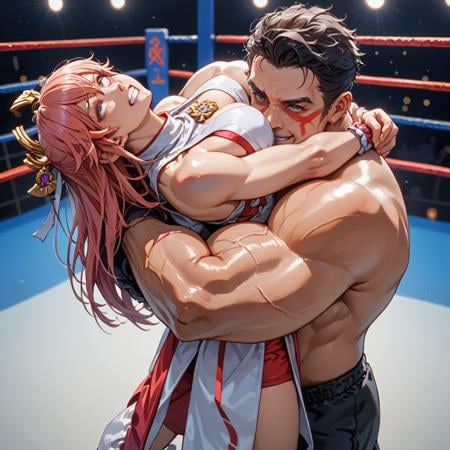 core_9, score_8_up, score_7_up, best quality, masterpiece, source_anime zPDXL2  BREAK ,  yae_sakura_\(gyakushinn_miko\)1girl. 1boy, bearhug, carrying, carrying person,  arched back , rolling eyes, pain, clenched teeth, wrestling, wrestling ring,<lora:bearhugv1:1> close-up