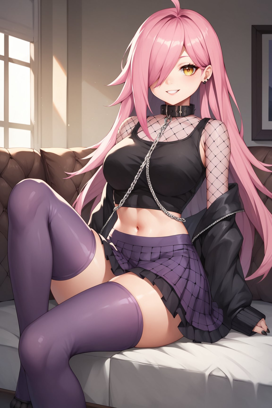 score_9, score_8_up, score_7_up, score_6_up, score_5_up, score_4_up, NeneEfthyVTXL, yellow eyes, hair covering one eye, long hair, pink hair, ahoge, collar, navel,  black pads sleeves, collar with chain, black crop top, mesh, purple skirt, black skirt, skirt, square skirt, two tone skirt, half color skirt, thight mesh, purple thighhighs, sitting, looking at viewer, seductive smile, indoors, room <lora:NeneEfthyVTXL:0.7>